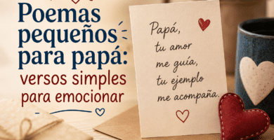 Tarjeta con poema pequeño para papá sobre una mesa cálida con regalo, corazón decorativo y taza.