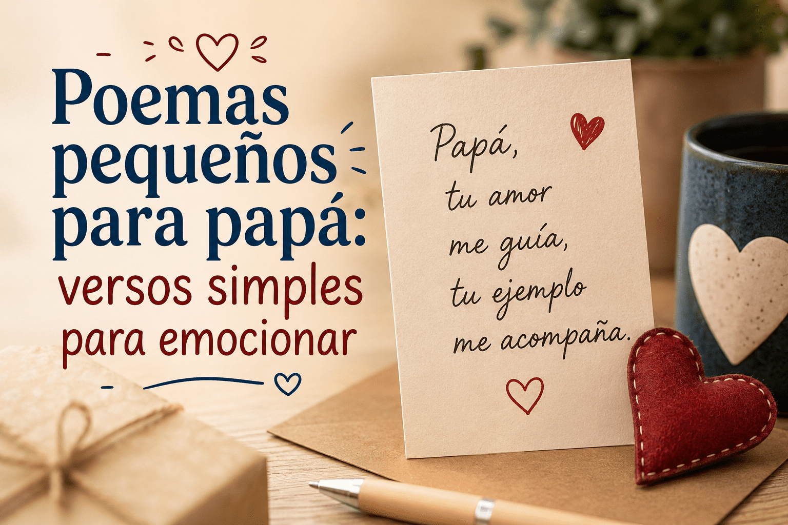 Tarjeta con poema pequeño para papá sobre una mesa cálida con regalo, corazón decorativo y taza.
