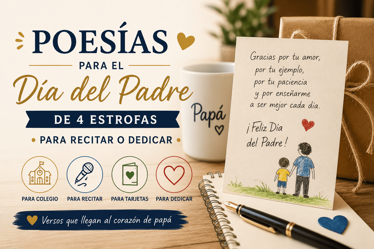 Tarjeta, regalo y cuaderno con poesía de 4 estrofas para el Día del Padre, ideal para recitar o dedicar a papá.