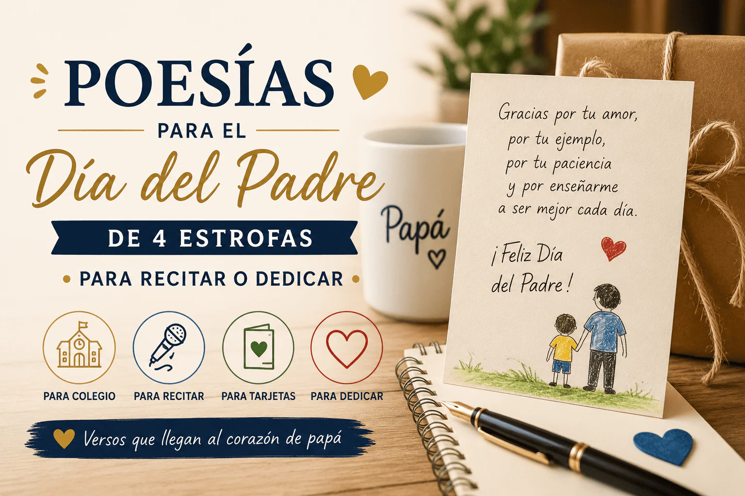 Tarjeta, regalo y cuaderno con poesía de 4 estrofas para el Día del Padre, ideal para recitar o dedicar a papá.