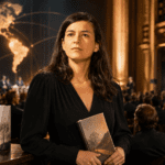 Samanta Schweblin sostiene un libro durante una gala literaria del Premio Aena.