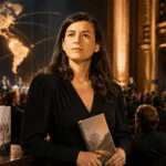 Samanta Schweblin sostiene un libro durante una gala literaria del Premio Aena.