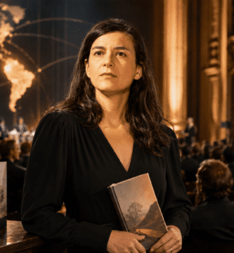 Samanta Schweblin sostiene un libro durante una gala literaria del Premio Aena.
