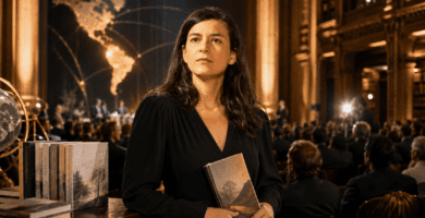 Samanta Schweblin sostiene un libro durante una gala literaria del Premio Aena.