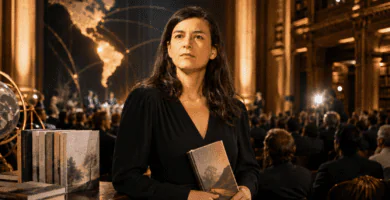 Samanta Schweblin sostiene un libro durante una gala literaria del Premio Aena.