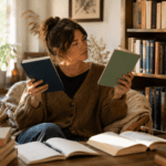 Lectora duda entre dos libros en una biblioteca personal luminosa y acogedora.