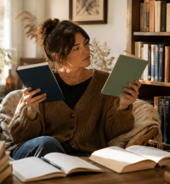 Lectora duda entre dos libros en una biblioteca personal luminosa y acogedora.