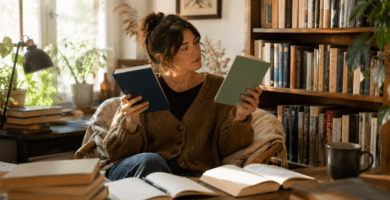 Lectora duda entre dos libros en una biblioteca personal luminosa y acogedora.