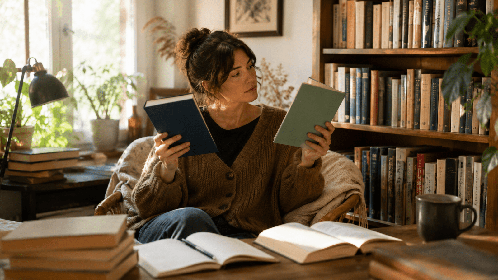 Lectora duda entre dos libros en una biblioteca personal luminosa y acogedora.