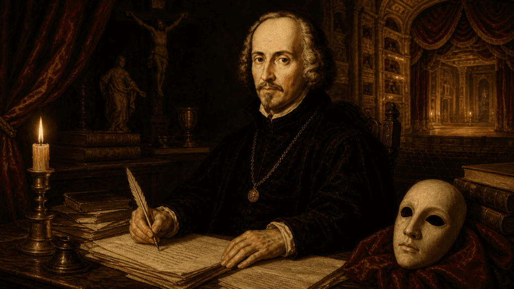 Pedro Calderón de la Barca escribiendo en un estudio barroco con manuscritos, libros antiguos, vela, máscara teatral y escenario del Siglo de Oro.