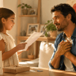 Niña recita un poema para el Día del Padre mientras su papá la escucha emocionado en casa