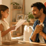 Niña recita un poema para el Día del Padre mientras su papá la escucha emocionado en casa