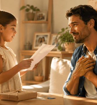 Niña recita un poema para el Día del Padre mientras su papá la escucha emocionado en casa