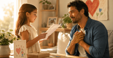 Niña recita un poema para el Día del Padre mientras su papá la escucha emocionado en casa