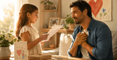Niña recita un poema para el Día del Padre mientras su papá la escucha emocionado en casa