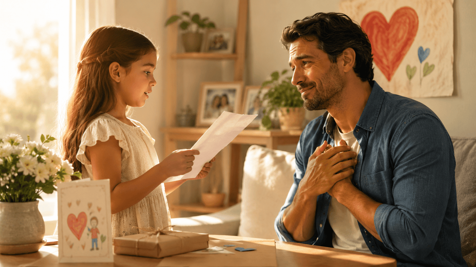 Niña recita un poema para el Día del Padre mientras su papá la escucha emocionado en casa