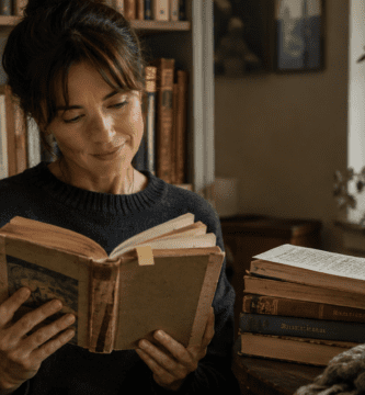 Lectora relee un libro antiguo en un rincón cálido con estanterías y libros apilados.