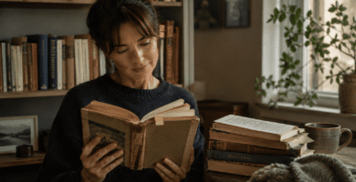 Lectora relee un libro antiguo en un rincón cálido con estanterías y libros apilados.