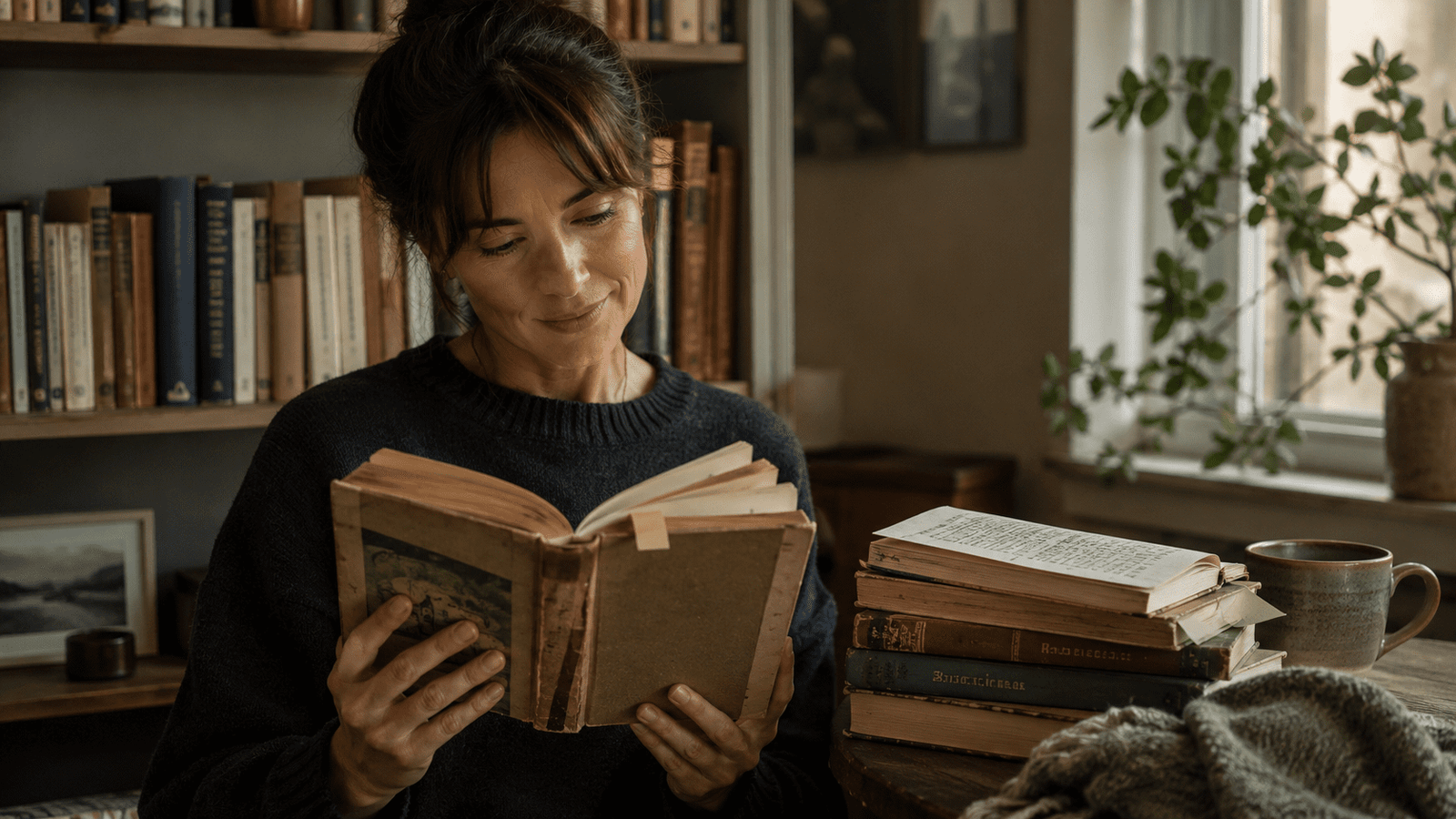 Lectora relee un libro antiguo en un rincón cálido con estanterías y libros apilados.