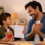Padre e hijo preparando una tarjeta con rimas para el Día del Padre en un ambiente cálido y familiar.