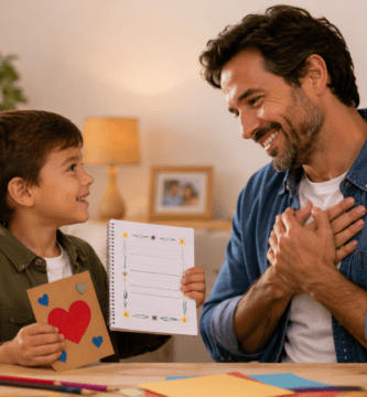 Padre e hijo preparando una tarjeta con rimas para el Día del Padre en un ambiente cálido y familiar.