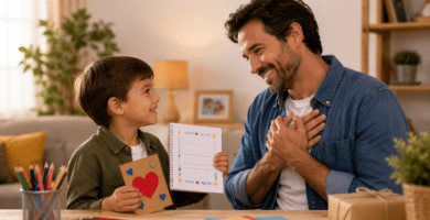 Padre e hijo preparando una tarjeta con rimas para el Día del Padre en un ambiente cálido y familiar.