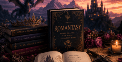 Libros de romantasy con corona, espada, rosas y un castillo fantástico al fondo.