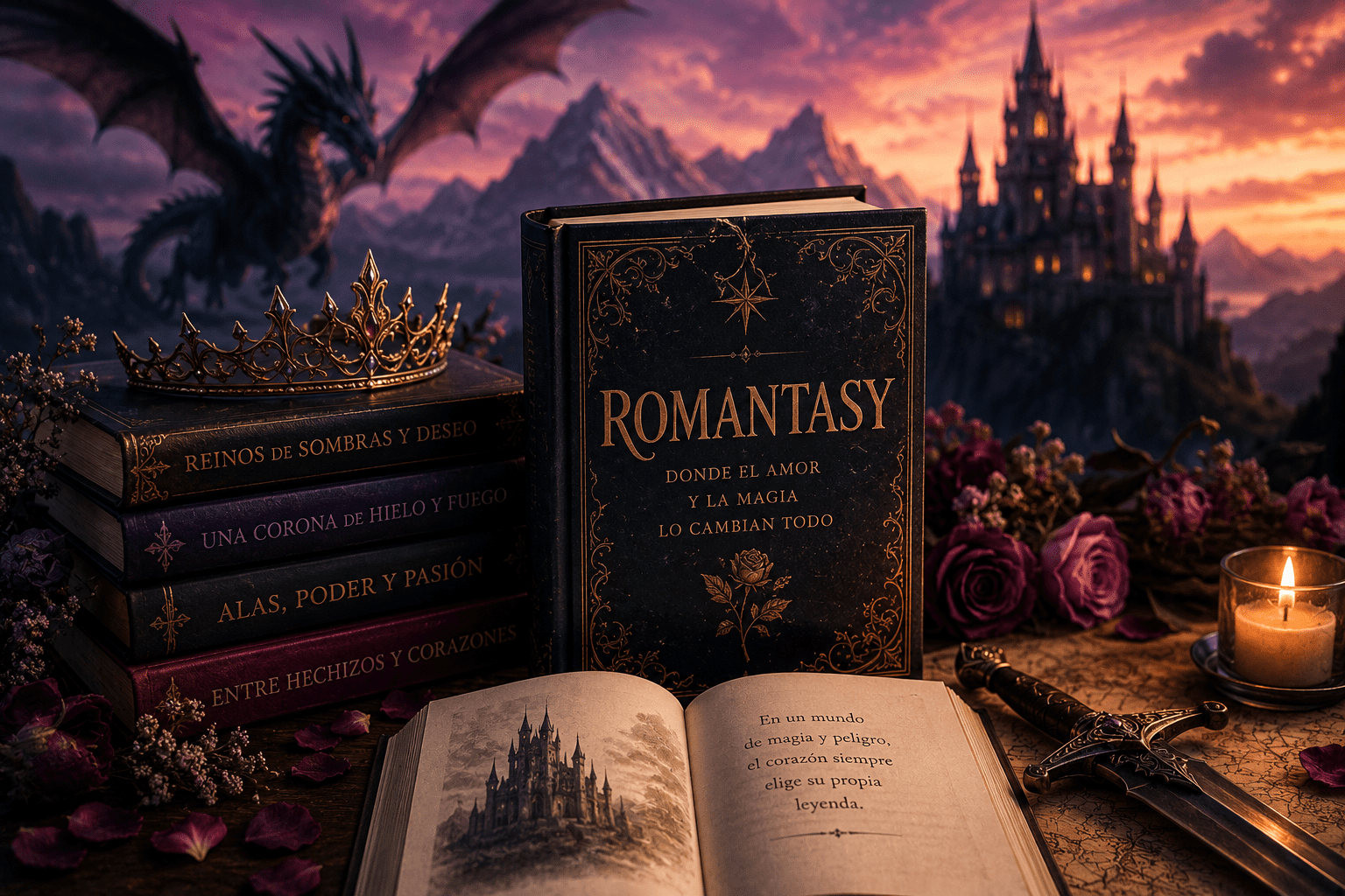 Libros de romantasy con corona, espada, rosas y un castillo fantástico al fondo.