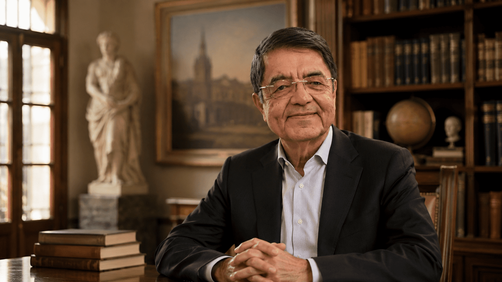 Retrato editorial inspirado en Sergio Ramírez en una biblioteca de la RAE.