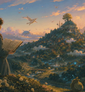 Joven lector observa un valle fantástico que evoca cuentos visuales y mundos de imaginación.