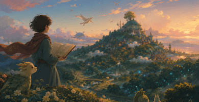 Joven lector observa un valle fantástico que evoca cuentos visuales y mundos de imaginación.