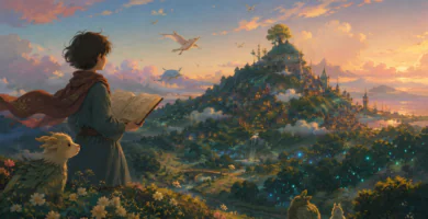 Joven lector observa un valle fantástico que evoca cuentos visuales y mundos de imaginación.