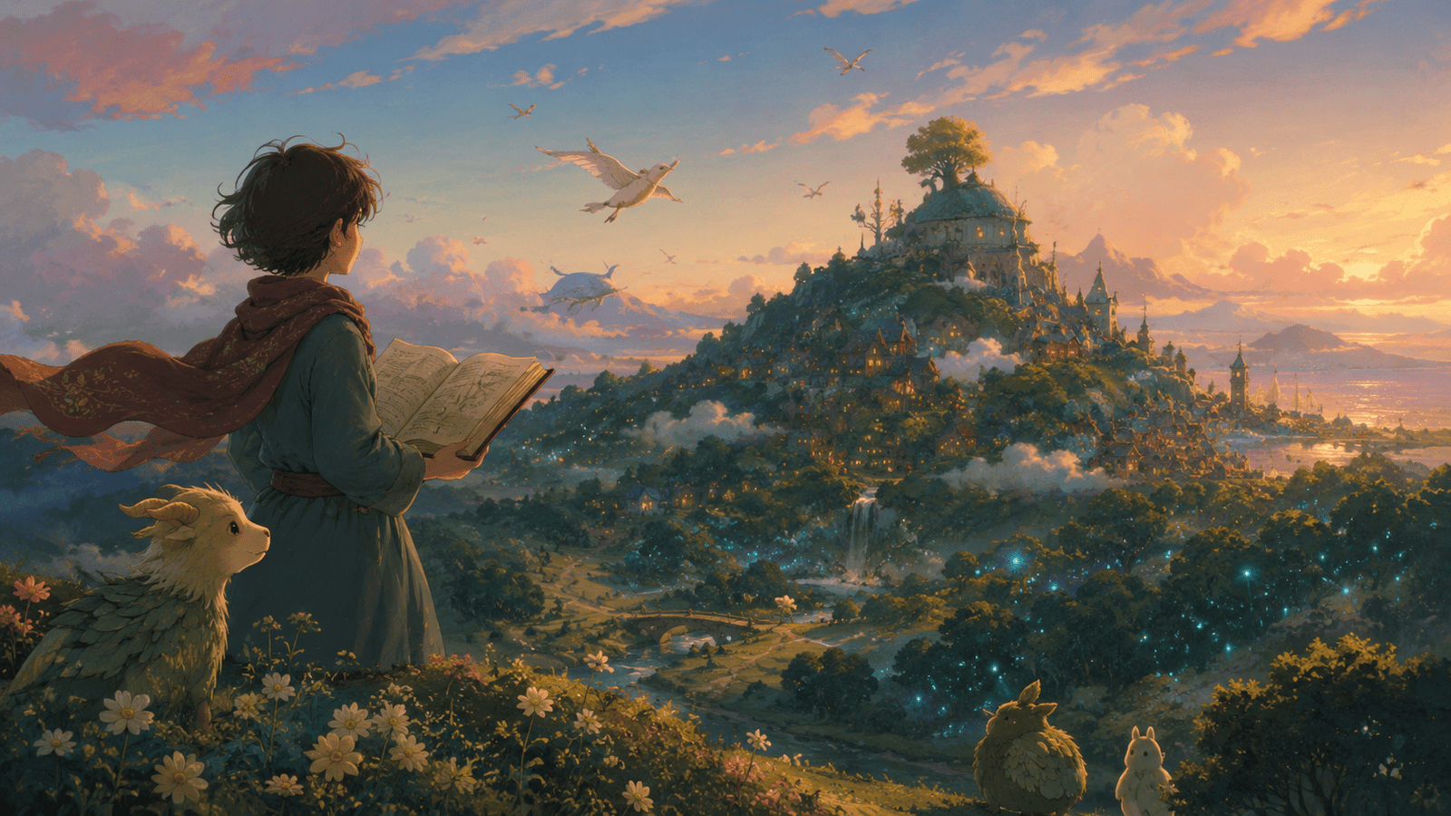 Joven lector observa un valle fantástico que evoca cuentos visuales y mundos de imaginación.