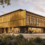 Futura Biblioteca Regional de La Araucanía en Temuco, rodeada de jardines y visitantes.