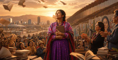 autora ralámuli celebrada en Tijuana durante un evento literario en la frontera con libros y público aplaudiendo