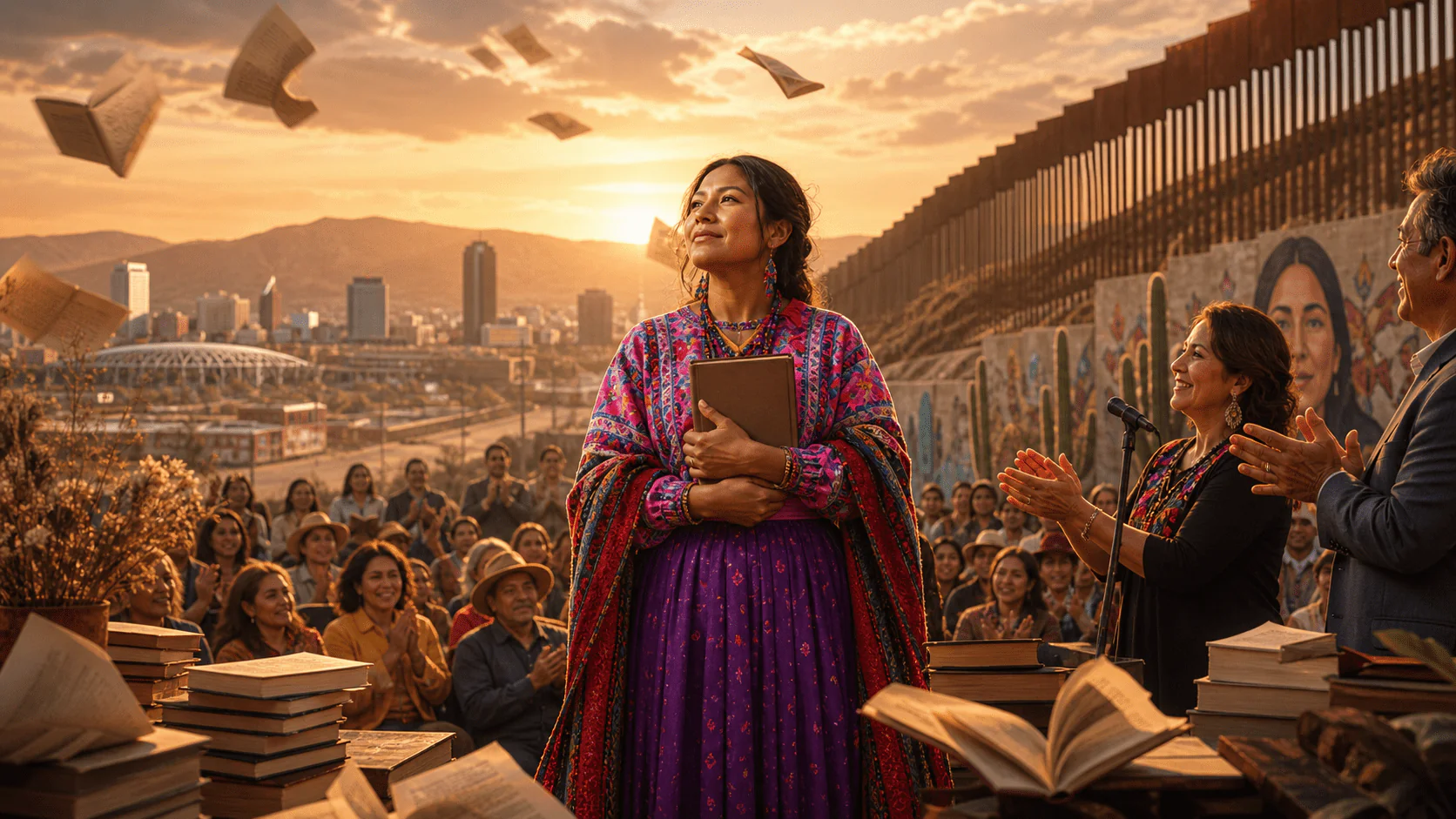 autora ralámuli celebrada en Tijuana durante un evento literario en la frontera con libros y público aplaudiendo