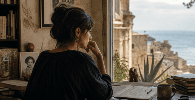 Mujer escritora contempla el mar junto a libros y manuscritos en una escena literaria mediterránea.