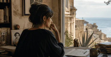 Mujer escritora contempla el mar junto a libros y manuscritos en una escena literaria mediterránea.