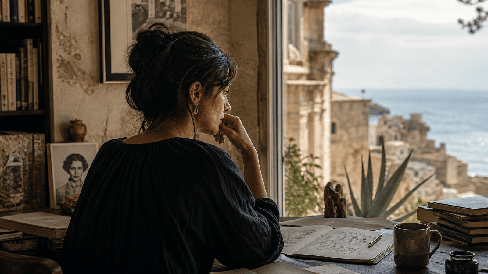 Mujer escritora contempla el mar junto a libros y manuscritos en una escena literaria mediterránea.