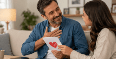Papá recibiendo una tarjeta con un corazón por el Día del Padre