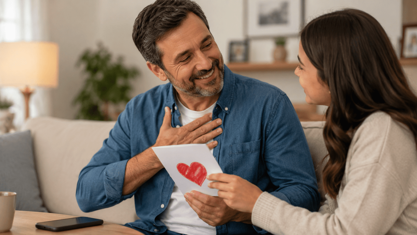 Papá recibiendo una tarjeta con un corazón por el Día del Padre