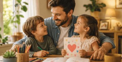 Papá sonriendo con sus hijos mientras crean una tarjeta con corazones y dibujos para dedicar versos y rimas familiares