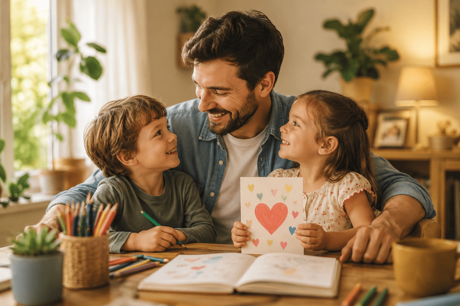 Papá sonriendo con sus hijos mientras crean una tarjeta con corazones y dibujos para dedicar versos y rimas familiares
