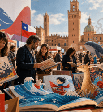 delegación chilena en feria internacional del libro infantil en Bolonia con libros ilustrados y elementos mágicos de lectura