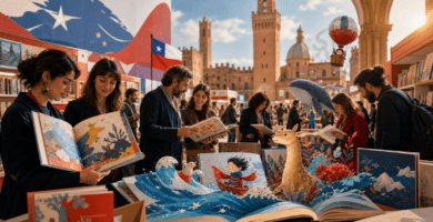 delegación chilena en feria internacional del libro infantil en Bolonia con libros ilustrados y elementos mágicos de lectura