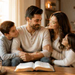 Familia cristiana reunida en casa con un padre, su esposa e hijos junto a una Biblia abierta en el Día del Padre