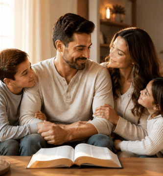 Familia cristiana reunida en casa con un padre, su esposa e hijos junto a una Biblia abierta en el Día del Padre