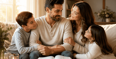 Familia cristiana reunida en casa con un padre, su esposa e hijos junto a una Biblia abierta en el Día del Padre