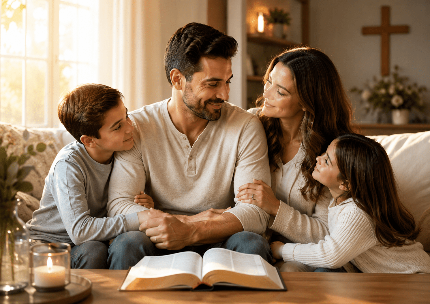 Familia cristiana reunida en casa con un padre, su esposa e hijos junto a una Biblia abierta en el Día del Padre