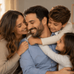 Familia abrazando a papá en casa para celebrar el Día del Padre con amor y gratitud